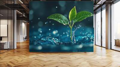 A small green plant with two leaves sprouts from water with a splash. Wall mural