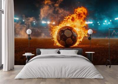 A soccer ball engulfed in flames sits on a field with stadium lights in the background. Wall mural