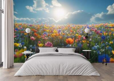 A vibrant field of wildflowers blooms under a sunny sky. Wall mural