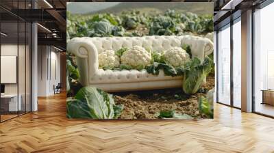 A white sofa sits in a field of cauliflower, surrounded by the leafy green plants. Wall mural