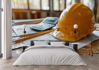 A yellow hard hat rests on a table covered in blueprints, along with a calculator and pencils. Wall mural