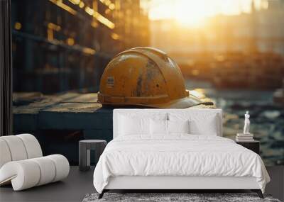 A yellow hard hat sits on concrete blocks at a construction site during the sunset. Wall mural