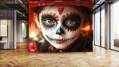 A young girl wearing a sugar skull makeup with a traditional red sombrero. Wall mural