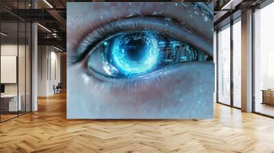 Close-up of a futuristic blue eye with digital circuitry. Wall mural