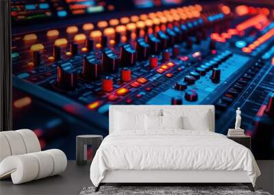 Close-up of a sound mixing console with colorful lights and faders. Wall mural