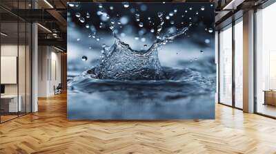 Close up of a water droplet hitting the surface of still water, creating a splash with many droplets in the air, creating a bokeh effect. Wall mural