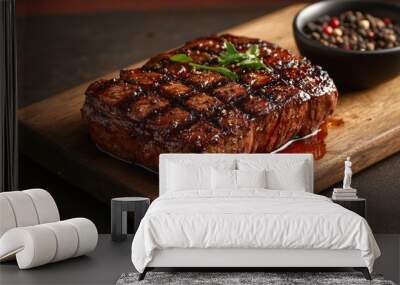 Closeup of a perfectly grilled steak on a wooden cutting board, with black peppercorns in the background. Wall mural