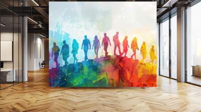 Diverse silhouettes of people walking up colorful stairs towards a bright future. Wall mural