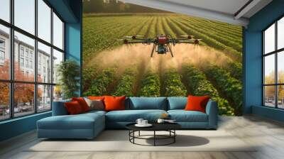 Drone spraying pesticide over a field of crops at sunset. Wall mural