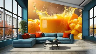 Fresh fruit juice splashing with mango, orange and pineapple. Wall mural