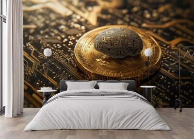 Gold coin with a brain design on a circuit board. Wall mural