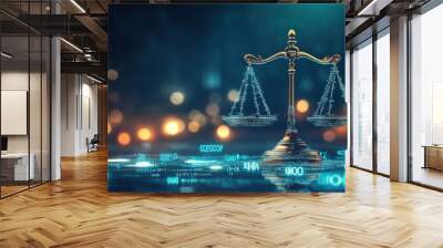 Golden scales of justice on a digital background. Wall mural