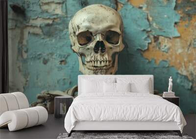 Human skeleton with a skull against a peeling blue and yellow wall. Wall mural