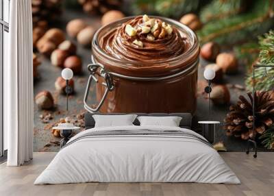 Jar of chocolate hazelnut spread with hazelnuts and pine cones around. Wall mural