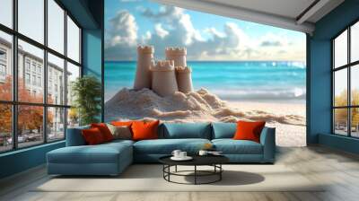 Sandcastle on a sunny beach with blue water and sky. Wall mural