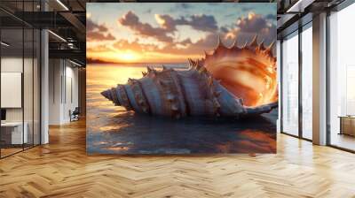 Seashell on a sandy beach at sunset with golden light shining through the shell. Wall mural