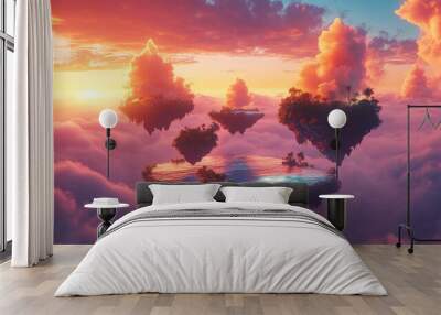 Surreal floating islands in the clouds at sunset. Wall mural