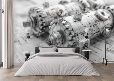 Three intricate mechanical gears lay atop a blueprint. Wall mural