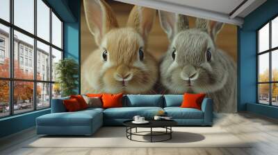 Two cute bunnies with different fur colors sit together on a wooden floor and look directly at the camera. Wall mural