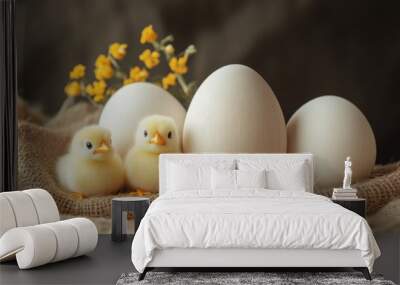 Two fluffy yellow chicks stand in front of three white eggs, with yellow flowers behind them on burlap fabric. Wall mural