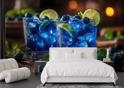 Two glasses of refreshing blueberry lemonade with ice and lime wedges. Wall mural