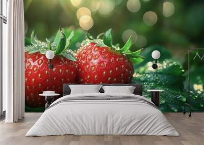 Two ripe red strawberries with dew drops on green leaves. Wall mural