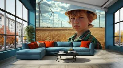 Young boy in a hardhat stands in a field of golden wheat, looking serious with wind turbines in the background. Wall mural