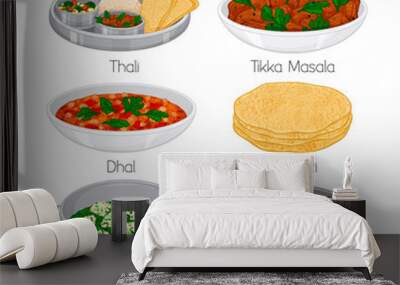 set of indian meals. thali, sabji, palak panir, chapati, dhal, tikka masala. Cartoon style, Vector illustration. Isolated on white. Wall mural