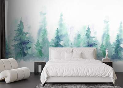 Blue landscape of foggy forest, winter hill. Wild nature, frozen, misty, taiga. watercolor background Wall mural