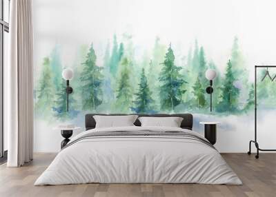 Green landscape of foggy forest, winter hill. Wild nature, frozen, misty, taiga. horizontal watercolor background Wall mural