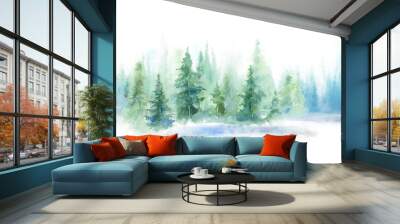 Green landscape of foggy forest, winter hill. Wild nature, frozen, misty, taiga. watercolor background Wall mural