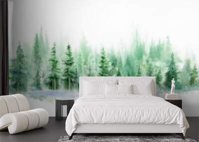 Landscape of foggy forest, winter hill. Wild nature, frozen, misty, taiga. watercolor background Wall mural