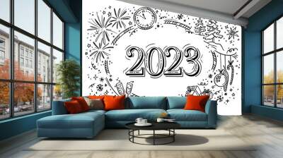 New year party 2023 doodle elements in white background. Horizontal chalkboard Vector illustration Wall mural