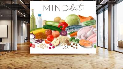 Nutrition concept for MIND diet. Assortment of healthy food ingredients for cooking. Hand drawn illustration. Wall mural