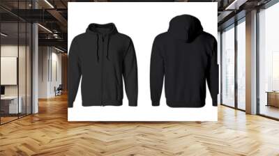 Blank black hoodie mockup isolated over white background. 3d rendering. hooded sweatshirt, men's hooded jacket for your design mock up, front and back view. Wall mural