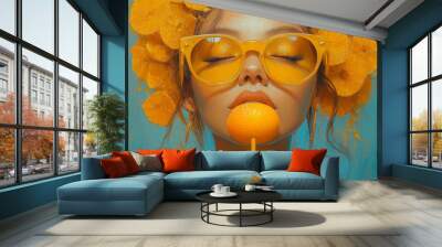 Orange girl wearing glasses and oranges, woman and orange, food art, woman orange Wall mural