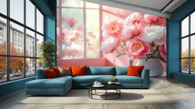 White and pink peonies in front of the window background Wall mural