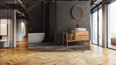 Black minimalist bathroom interior with wooden vanity, bathtub, terrazzo floor. Wall mural