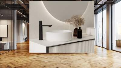 Close up of comfortable double sink with two round mirrors standing on wooden countertop in modern bathroom with white walls. Wall mural