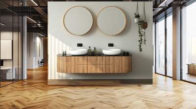 Modern bathroom interior with dark brown parquet floor, two sinks, double mirrors, interior plants, front view. Minimalist bathroom with modern furniture. 3D rendering Wall mural