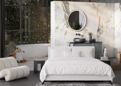 Modern luxury bathroom, white marble walls, bathtub, gray floor, indoor plants, panorama. Wall mural