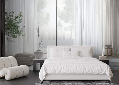 A modern and minimalist living room featuring sheer white curtains, natural light, and green indoor plants, enhancing a clean and serene home environment. Wall mural