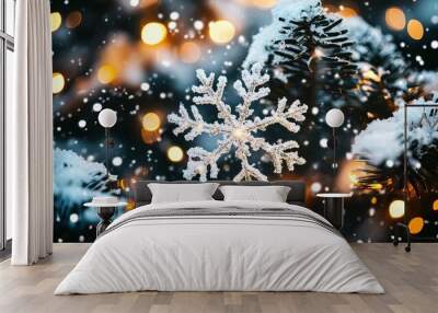 Snowflake Ornament Adorned with Festive Lights Wall mural