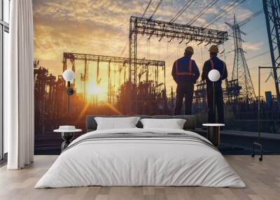 Two Electricians at a Power Substation at Sunset Wall mural