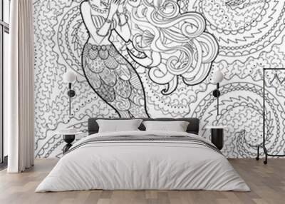 Patterned illustration of a mermaid. Wall mural