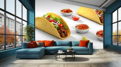 Traditional Mexican food taco. Tortilla topped with a filling	 Wall mural