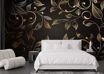 3D Gold Floral Pattern on Black Background in High Resolution Vector Wall mural