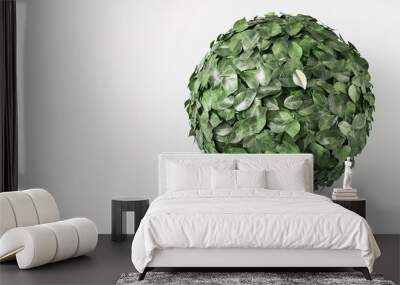 3D Render of a Green Earth Globe Made of Leaves, Symbolizing Ecology and Sustainability Against a White Background with Subtle Shadowing Wall mural