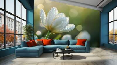 A captivating scene of beautiful flowers blooming in March, adorned with sparkling dewdrops that glisten in the morning light. The vibrant green foliage enhances the freshness Wall mural