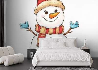 A cheerful cartoon snowman standing against a white background, adorned with a colorful scarf and a top hat. The snowman has a friendly smile, with coal eyes and a carrot nose,  Wall mural